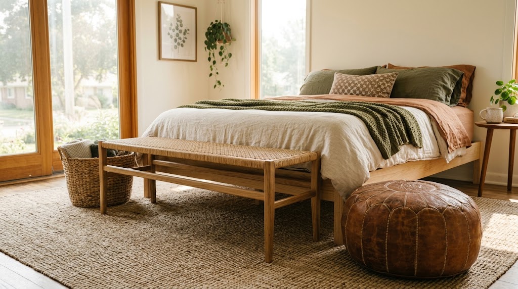 Woven Leather Moroccan Poufs & Caned Bench Seating